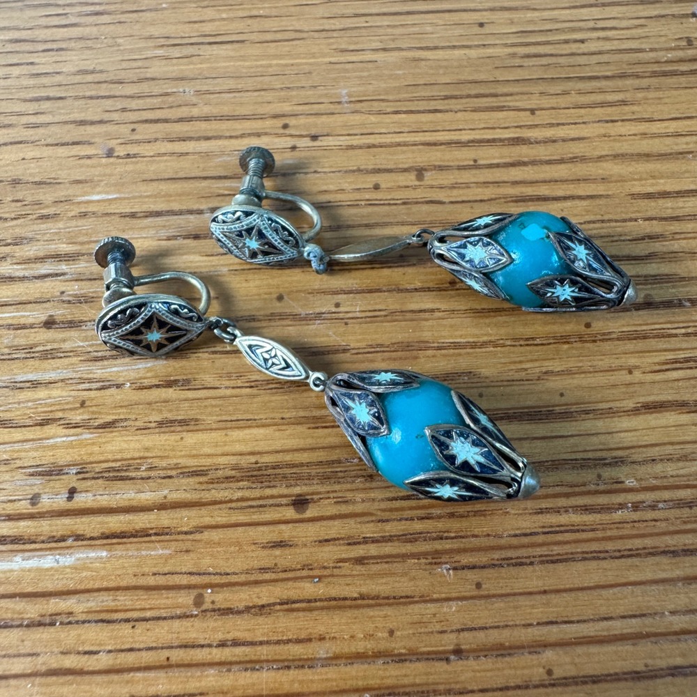 Vintage Turquoise Sterling Starburst Screw Back Earrings Art Deco Style - Picture 10 of 10